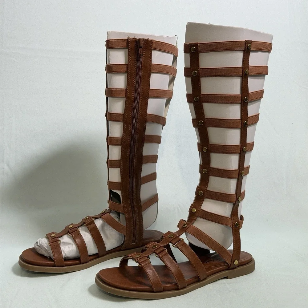 Wild‎ Pair Size-6.5M Romikaa Knee High Gladiator Sandals Brown Faux Leather